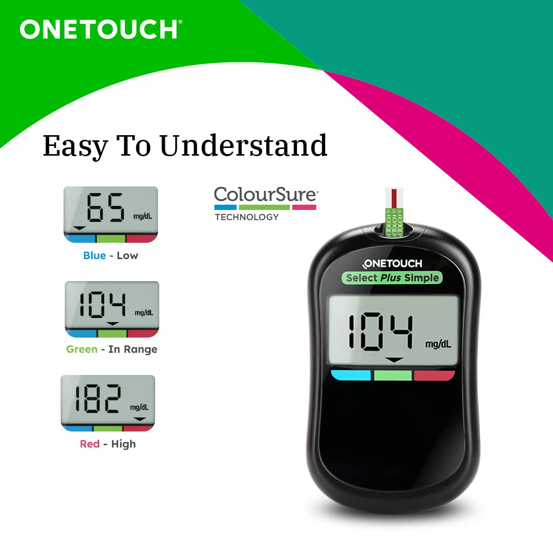 OneTouch Select Plus Simple Glucometer - Free 10 test strips, Lancing Device, 10 Lancets