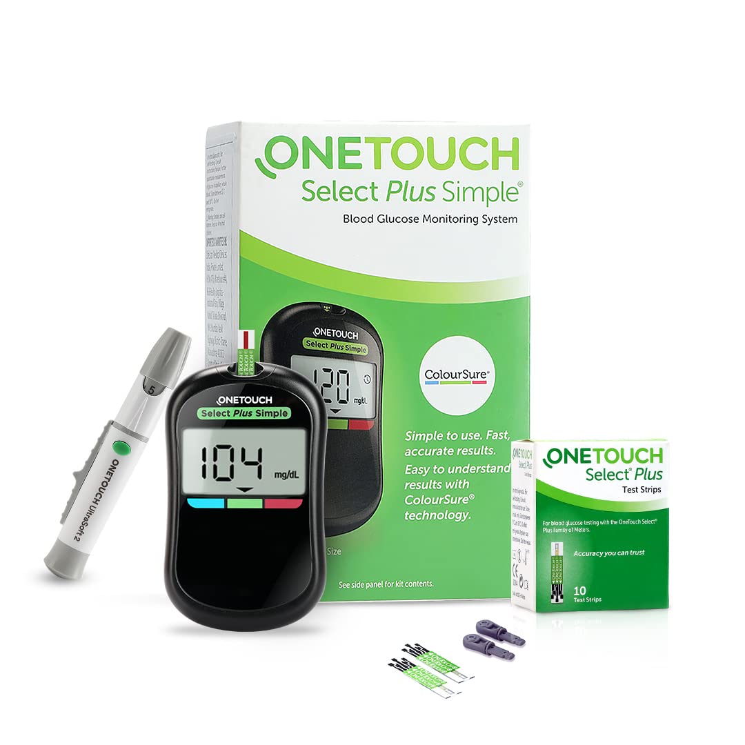 OneTouch Select Plus Simple Glucometer - Free 10 test strips, Lancing Device, 10 Lancets